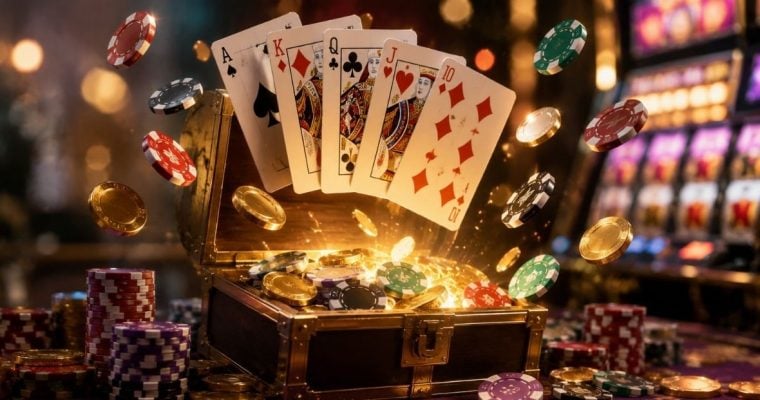 Suite of Playing Cards, Gold Coins and Poker Chips Float Above Open Glowing Treasure Chest Inside Casino