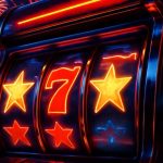 Illustration of Neon-Lit Vintage Slot Machine with Fireworks Display Background