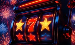 Illustration of Neon-Lit Vintage Slot Machine with Fireworks Display Background