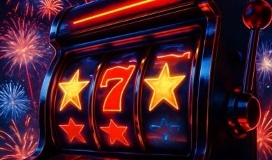 Illustration of Neon-Lit Vintage Slot Machine with Fireworks Display Background