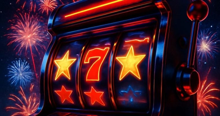 Illustration of Neon-Lit Vintage Slot Machine with Fireworks Display Background