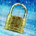 Cybersecurity Concept with Gold Metal Lock and Digital Overlay Design