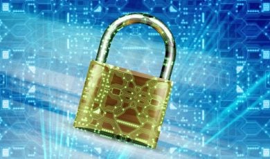 Cybersecurity Concept with Gold Metal Lock and Digital Overlay Design