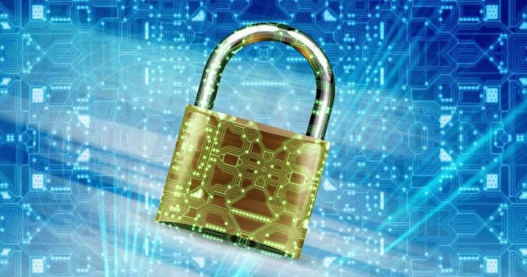 Cybersecurity Concept with Gold Metal Lock and Digital Overlay Design