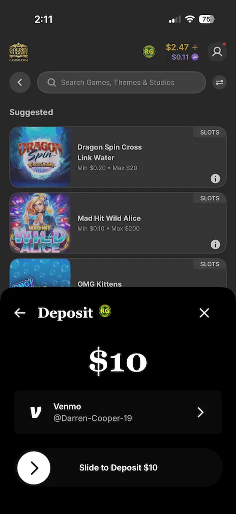 Golden Nugget deposit test screenshot
