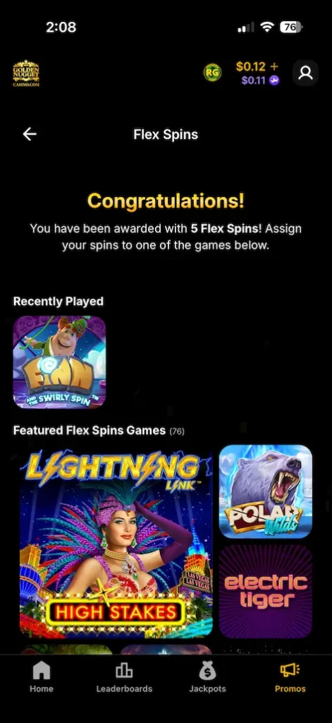 Golden Nugget flex spins screenshot