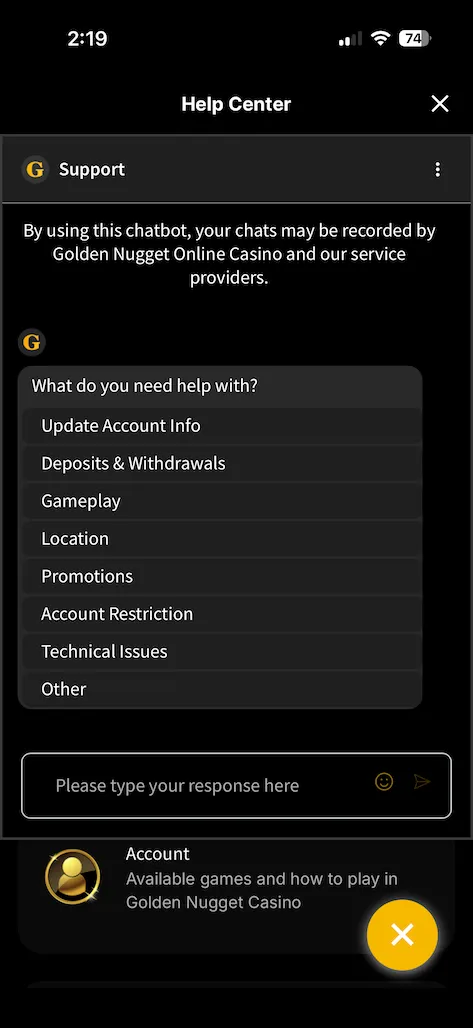 Golden Nugget help center screenshot