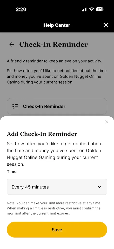 Golden Nugget responsible gaming reminder screenshot