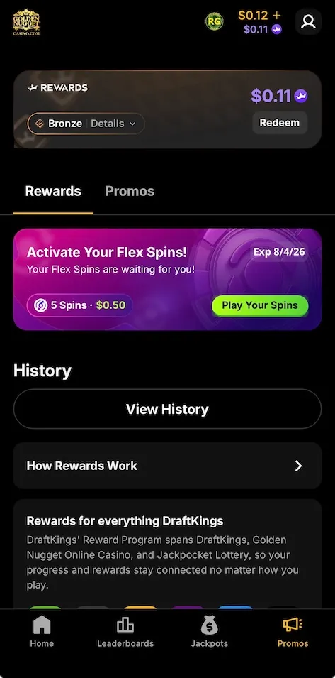Golden Nugget rewards screenshot
