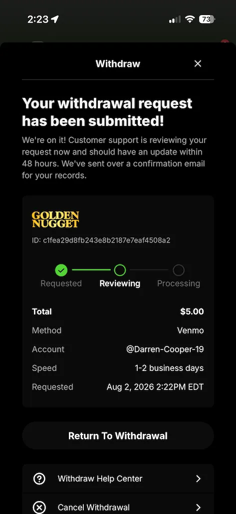 Golden Nugget withdrawal test screenshot
