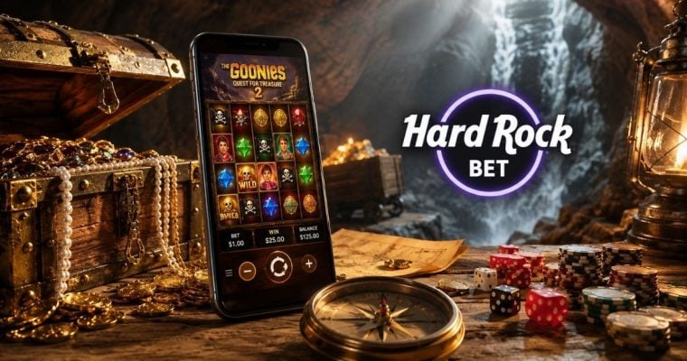 Cave Filled With Treasure, Cell Phone with Goonies Online Slot and Hard Rock Bet Logo
