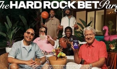 Hard Rock Bet Ad Campaign Featuring Celebrities and Sports Stars Sitting In Front Of Luxury House