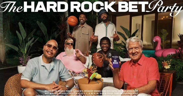 Hard Rock Bet Ad Campaign Featuring Celebrities and Sports Stars Sitting In Front Of Luxury House
