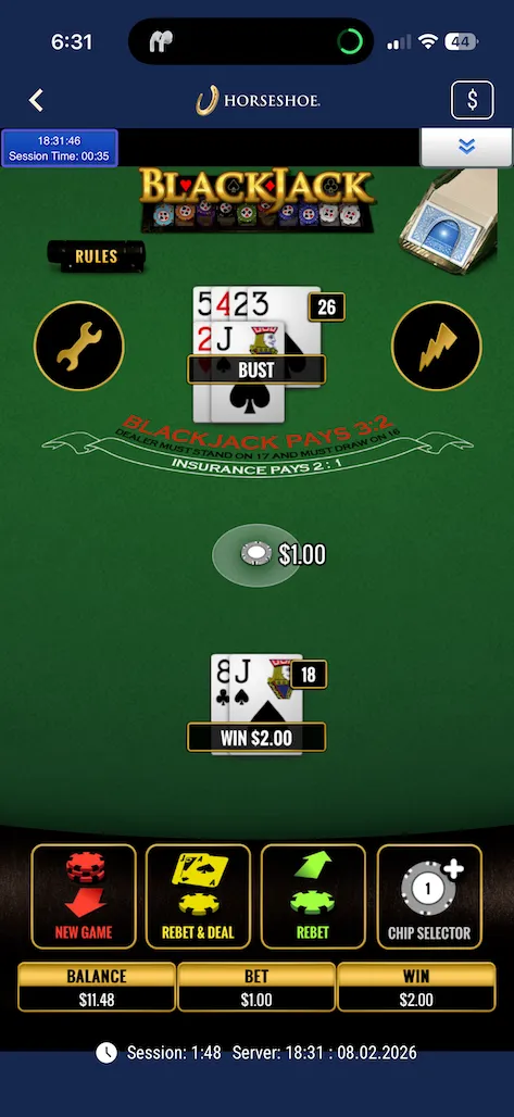 Horseshoe blackjack win screenshot