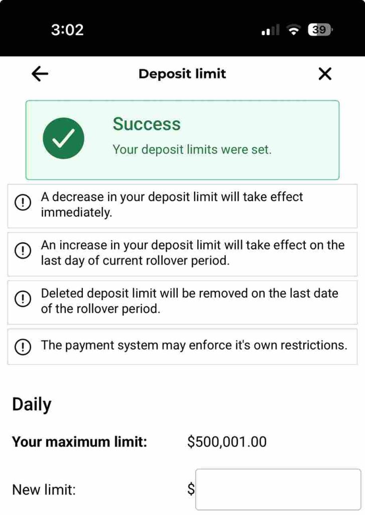 Stardust Success setting deposit limit