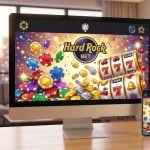 Desktop Monitor and Cell Phone Sit On Desk Inside Living Room Displaying Online Casino and Hard Rock Bet Logo