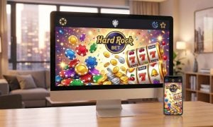Desktop Monitor and Cell Phone Sit On Desk Inside Living Room Displaying Online Casino and Hard Rock Bet Logo
