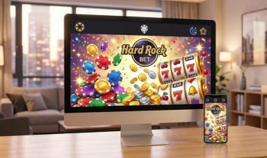 Desktop Monitor and Cell Phone Sit On Desk Inside Living Room Displaying Online Casino and Hard Rock Bet Logo