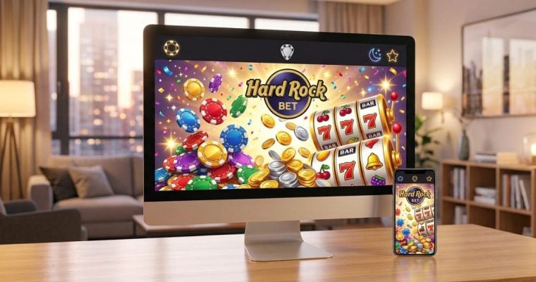 Desktop Monitor and Cell Phone Sit On Desk Inside Living Room Displaying Online Casino and Hard Rock Bet Logo