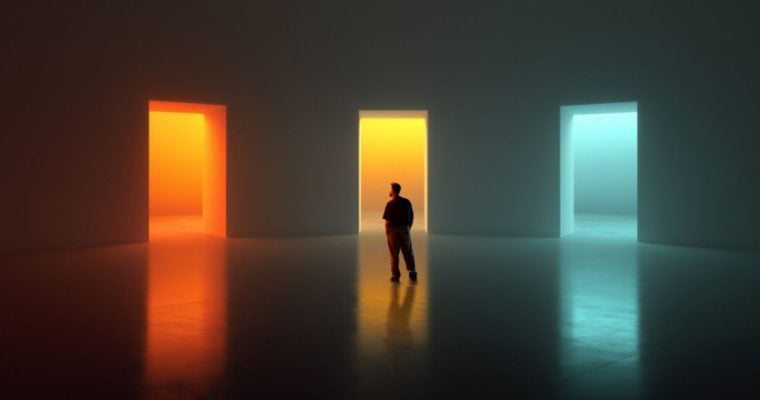 Man Stands In the Middle of Three Colorful Glowing Open Doors In Gray Room