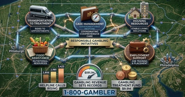 Various Components of Pennsylvania'a Expanded Responsible Gambling Support Services Displayed over State Map