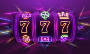 Illustration of 7's, Clovers, Crowns and Other Gaming Symbols Covering Neon Slot Reel