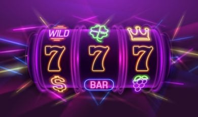 Illustration of 7's, Clovers, Crowns and Other Gaming Symbols Covering Neon Slot Reel
