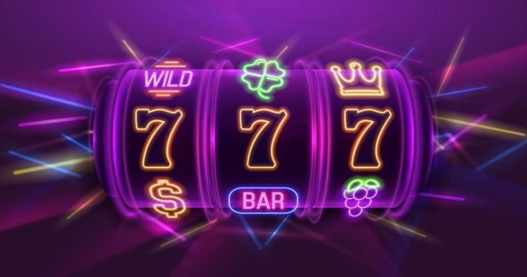 Illustration of 7's, Clovers, Crowns and Other Gaming Symbols Covering Neon Slot Reel