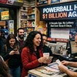 Sign Inside NYC Bodega Reads Powerball $1 Billion Again with People Lined Up to Buy Tickets