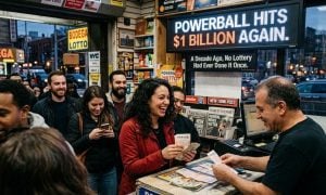 Sign Inside NYC Bodega Reads Powerball $1 Billion Again with People Lined Up to Buy Tickets