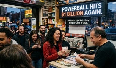 Sign Inside NYC Bodega Reads Powerball $1 Billion Again with People Lined Up to Buy Tickets