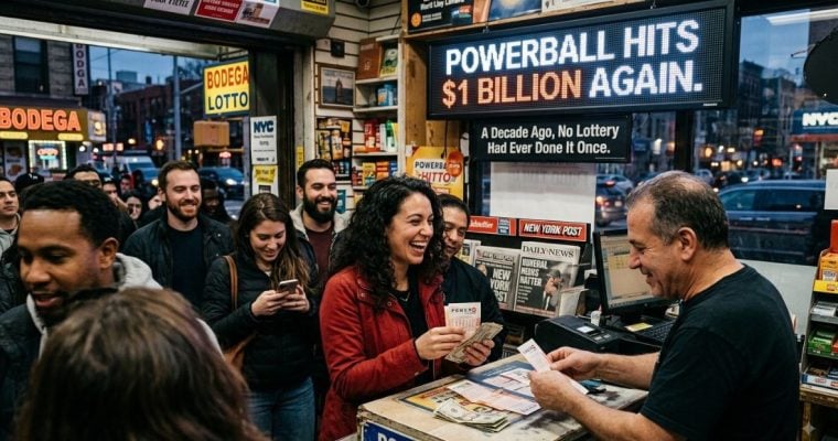 Sign Inside NYC Bodega Reads Powerball $1 Billion Again with People Lined Up to Buy Tickets