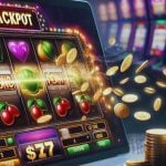 Gold Coins Fly Out of Laptop Screen With Winning Slot Game Displaying Jackpot