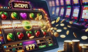 Gold Coins Fly Out of Laptop Screen With Winning Slot Game Displaying Jackpot