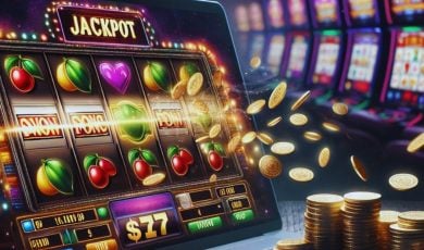 Gold Coins Fly Out of Laptop Screen With Winning Slot Game Displaying Jackpot