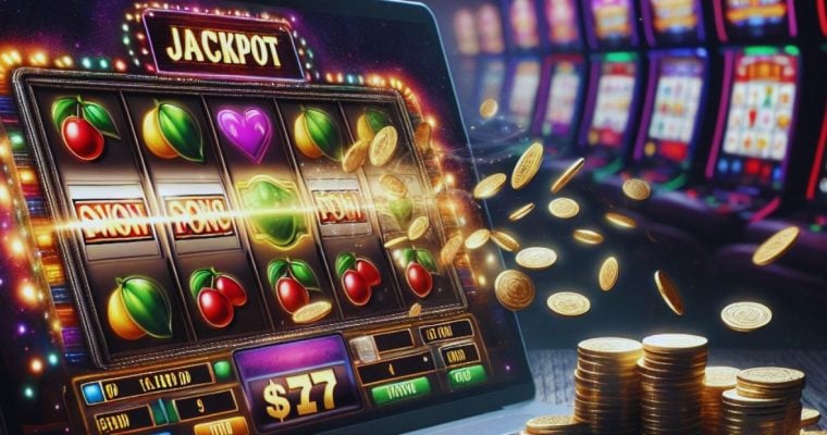 Gold Coins Fly Out of Laptop Screen With Winning Slot Game Displaying Jackpot