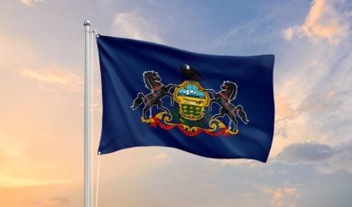 Blue Flag with Pennsylvania Crest Flies on Flag Pole Against Sunset Sky