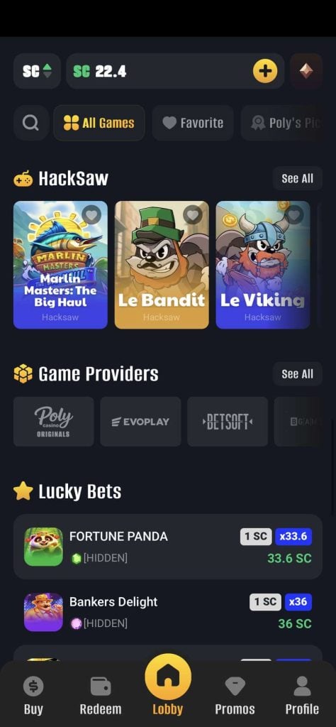 Showcasing games from Hacksaw as well as a menu for the providers at Poly Casino