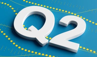 Yellow Dots on Blue Background with White Q2 Representing Second Quarter Business Financials