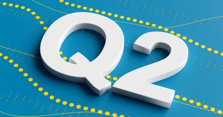 Yellow Dots on Blue Background with White Q2 Representing Second Quarter Business Financials
