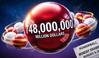 Red and White Lottery Balls Form Shape Like Planet Saturn with Powerball Lottery Ticket Announcing Tonight's Drawing