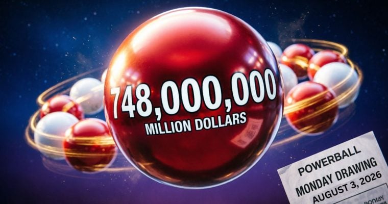 Red and White Lottery Balls Form Shape Like Planet Saturn with Powerball Lottery Ticket Announcing Tonight's Drawing