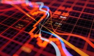 Colorful Lines on Red Grid Represent Financial Chart