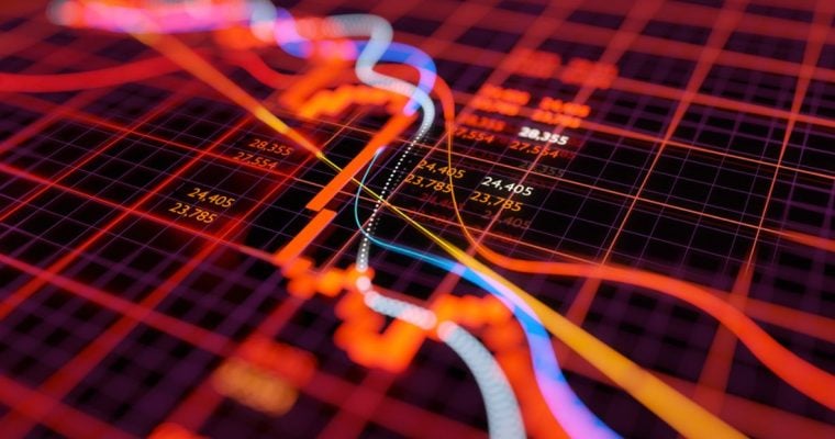 Colorful Lines on Red Grid Represent Financial Chart