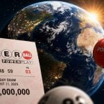 Powerball Lottery Ticket In Outerspace with Numbered Lottery Balls Floating Around Large Earth