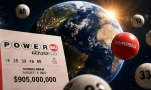 Powerball Lottery Ticket In Outerspace with Numbered Lottery Balls Floating Around Large Earth