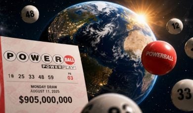 Powerball Lottery Ticket In Outerspace with Numbered Lottery Balls Floating Around Large Earth