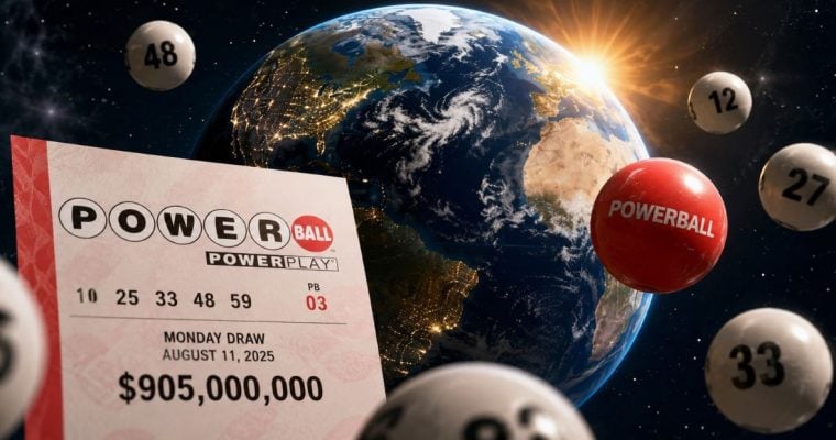 Powerball Lottery Ticket In Outerspace with Numbered Lottery Balls Floating Around Large Earth