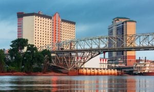 Shreveport, Louisiana, USA, Downtown Skyline on the Red River at Twilight