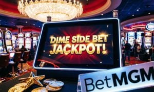 Brightly-Lit Slot Machines Inside Casino Background to Dime Side Bet Jackpot! Seen on Tablet